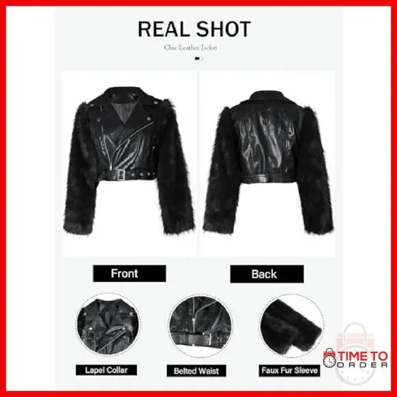 Cropped Moto Jacket with Faux Fur Sleeves, Belted Waist, PU Leather